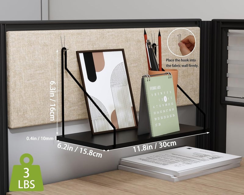 SoaShower Store Cubicle Shelf with Hooks – 11.8" Office Cubicle Accessories for Work, Floating Wall Shelf for Decor, Hanging Organizer for Cubicle Wall Storage & Office Decorations&Black - Image 3